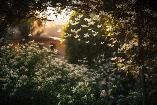 Magische tuin Witte jasmijn en dansende vlinders generatieve IA