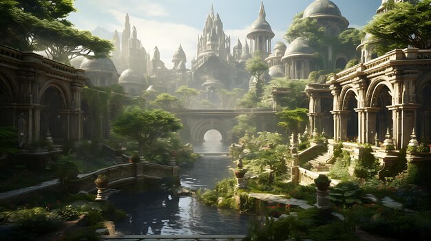 magische wereld sierlijke architectuur gloeiende kristallen natuur fantasy behang