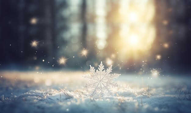 Magische winterachtergrond met sneeuwsneeuwvlokken en zachte bokeh-lichten op blauwe hemelkoude achtergrond voor