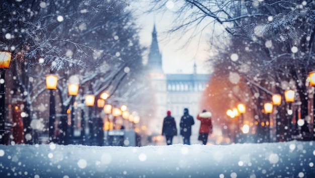 Magische wintersneeuwval en stadslichten wazige achtergrond stadsstraat met Kerstmis
