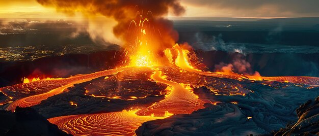 マグマの流れ 激しい熱 火山の活動 輝く溶岩の川 煙の波 現実的な画像 ゴールデンアワー フィールドの深さ フロントビュー