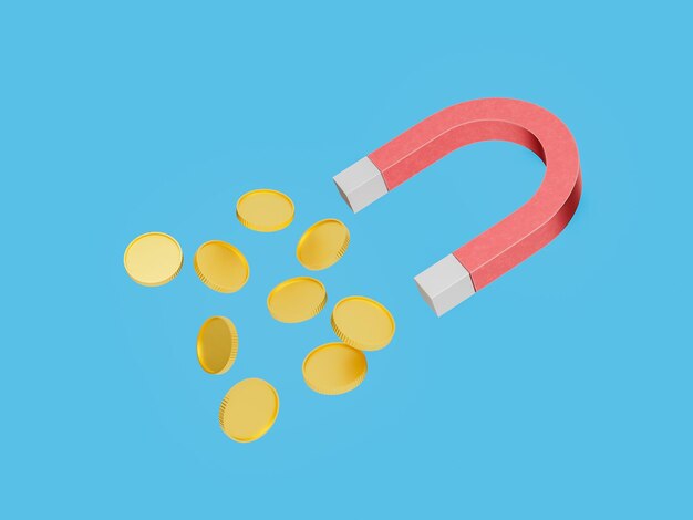 Magnet attracting golden coins on a blue isolated background 3d rendering