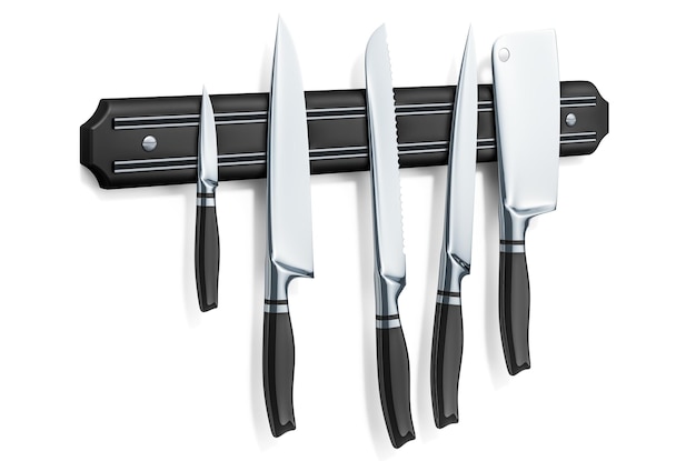 Magnetic holder with kitchen knives 3D rendering