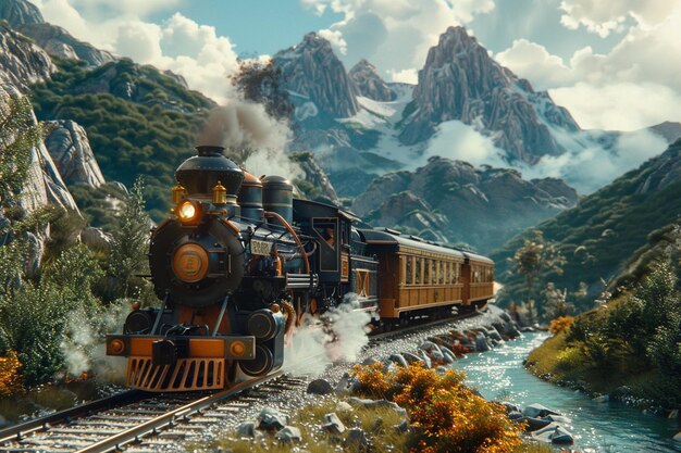 Photo magnetic train traveling through landscapes inhabi