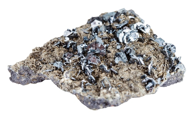 Magnetite crystals on mineral stone isolated