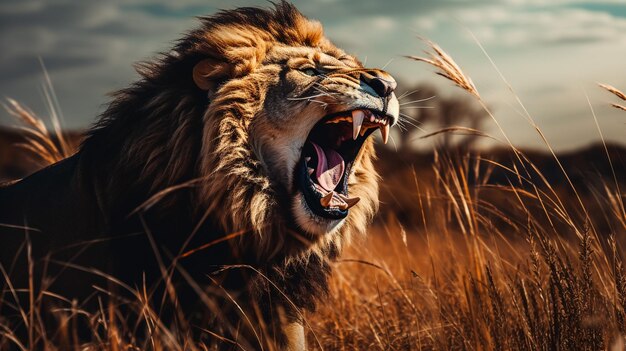 magnificant lion roaring in the grassland