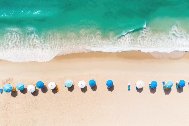 A magnificent beach can be seen from above adorned with umbrellas and lounge chairs near a sparklin