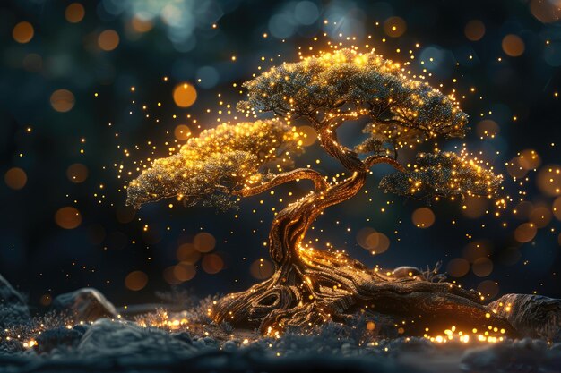 Photo a magnificent bonsai tree bathed in golden lights ai generative
