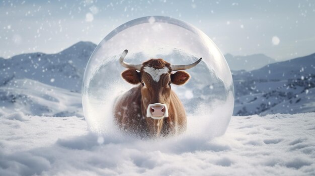 A magnificent bull joyfully romps within a delicate snow globe sculpture