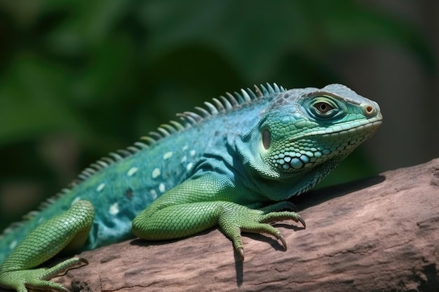 A magnificent chameleon sitting on a tree branch with wideopen miracle eyes closeup