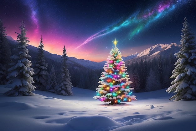 Magnificent colorful christmas tree outdoor in a snowy night
