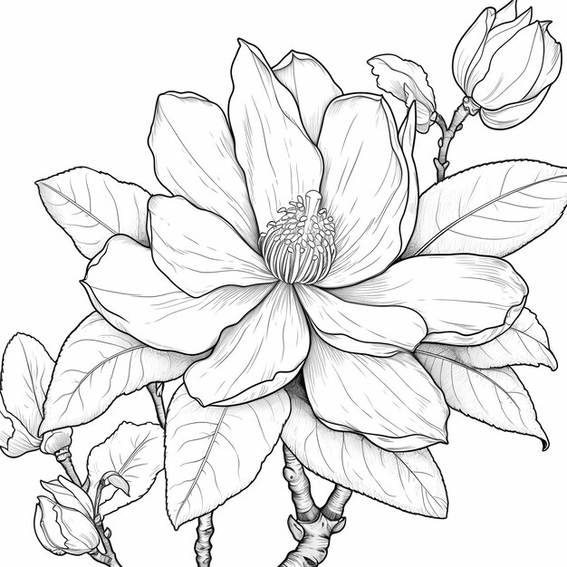 Magnificent Coloring Page of a Magnolia Tree with Blooming Flowers for Kids