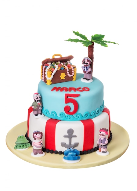 Magnificent decorative cake with pirate and treasure chest of stories.