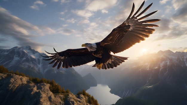 山岳地帯を飛ぶ壮大な鷹