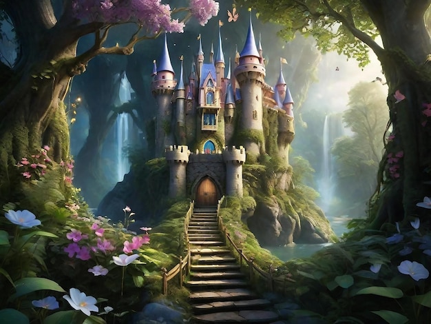 A magnificent fairy castle hidden deep within an enchanted forest