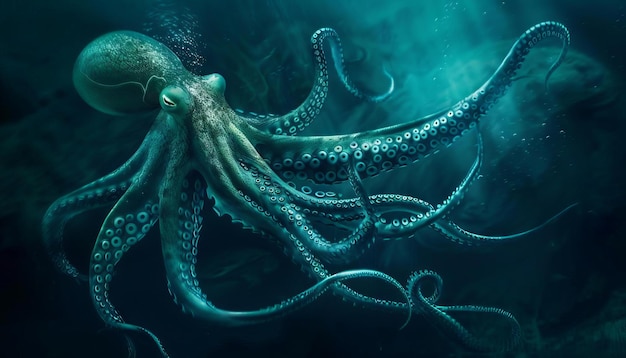 Photo a magnificent giant squid lurking in the ocean depths its tentacles swirling gracefully