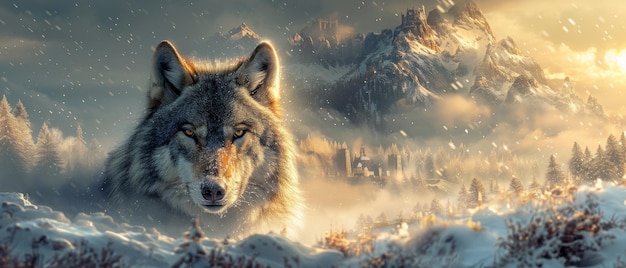 カニス・ルパス (Canis lupus) は冬の雪の背景に山の上にある城と地上の雪の花びらで攻撃する準備ができているように見えます