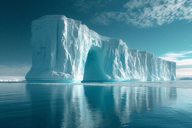 a magnificent ice arch in a polar landscape with clear blue skies