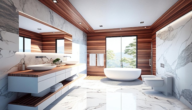 Magnificent modern bathroom with wood and marble bath and shower Generative AI