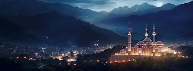 Magnificent mosque night view background with copy space