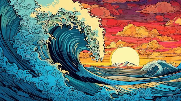 웅장한 바다 파도 환상 개념 일러스트레이션 그림