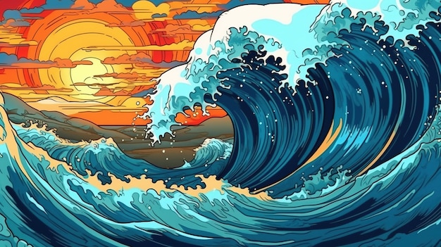 壮大な海の波 ファンタジーコンセプト イラスト 絵画