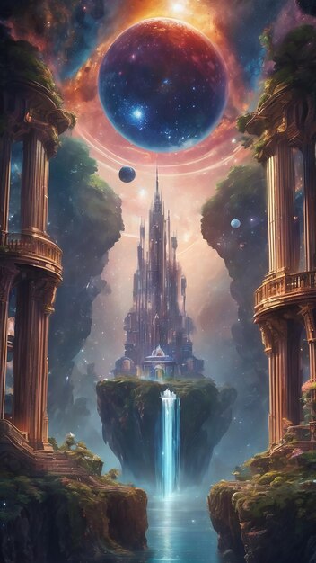 magnificent palace and a very beautiful waterfall of the galaxy