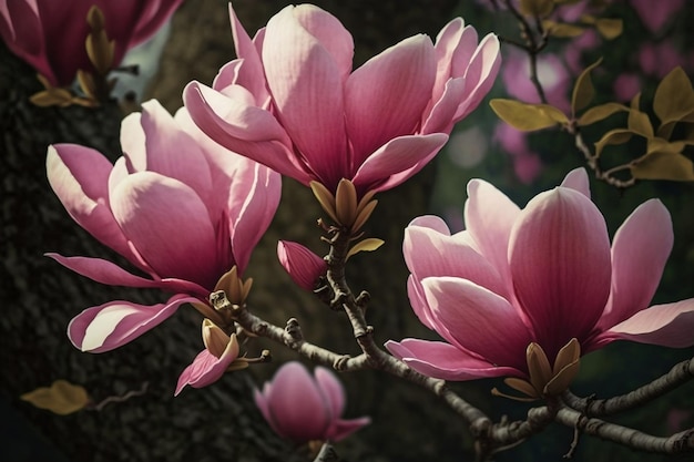 Magnificent Pink Magnolia Blooms Magnolia Soulangeana Trees Blossom in Spring Generative AI