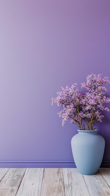 美しい紫色の木が満開でミニマリストの部屋で高く立っていますその細で活気のある花で静かで夢のような囲気を作り出しています