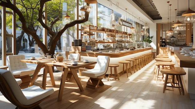 モダンなスタイルと木製のレストラン内装の素晴らしいレストランまたはコーヒー ショップ