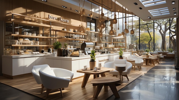 A magnificent restaurant or coffee shop with modern style and a wooden Interior of a restaurant