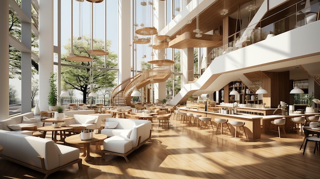 A magnificent restaurant or coffee shop with modern style and a wooden Interior of a restaurant