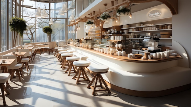 현대적인 스타일과 레스토랑의 목재 인테리어를 갖춘 웅장한 레스토랑 또는 커피숍