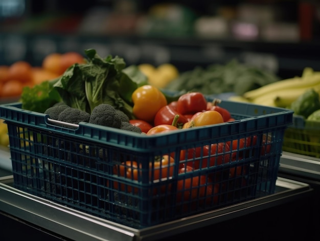 Foto magnifico cesto della spesa di una famiglia di 4 membri dove verdure frutta e verdura