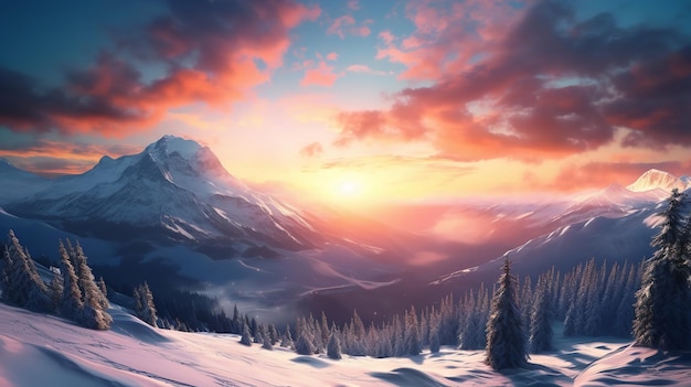 Magnificent sunrise in the background of the winter mountains Generative AI