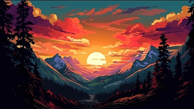 Magnificent sunrise over the mountains Fantasy concept Illustration painting