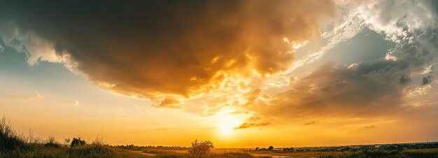 Великолепная панорама закатного неба с вечерним пейзажем и заходящим солнечным светом, сияющим сквозь облака