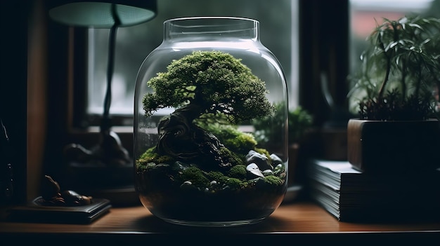 Magnificent terrarium ecosystem with vibrant plant life and reflective glass