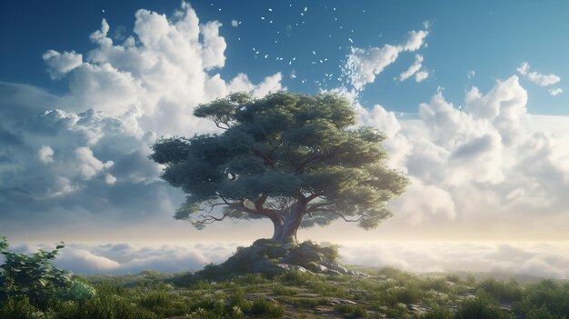 Magnificent tree with blue sky background encouraging scenery and landscape 3d visualization background Generative Ai