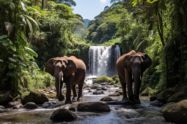 Великолепный вид слонов, бродящих в пышных джунглях с величественным водопадом на заднем плане