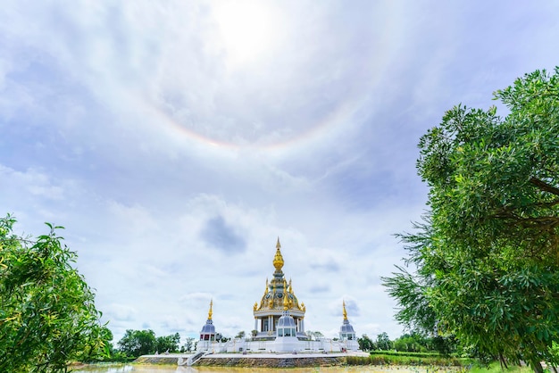 Magnificent Wat Thung Setthi (The Great Jewel Chedi of the three worlds) with amazing sun halo , Khon Kaen , thailand