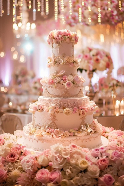 麗 に 飾ら れ た 結婚 ケーキ は,ロマンチック な 場所 で 舞台 を 占め て い ます