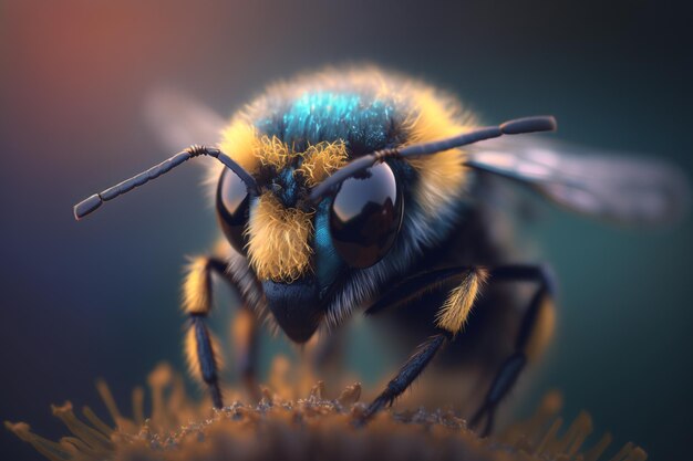 Photo magnified closeup of a bee's head with yellow pollen dust