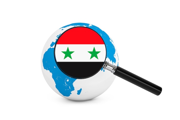 Bandiera ingrandita della siria con il globo terrestre su sfondo bianco