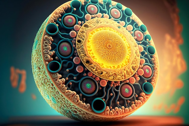 Photo magnified model in microscope cell division with nucleus