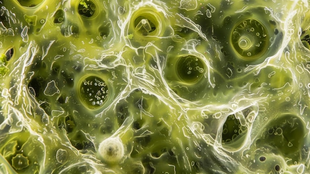 Фото Увеличенное изображение токсичного цветения водорослей, показывающее плотную концентрацию клеток водоросли с увеличенными