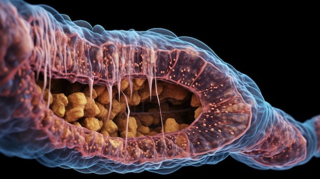 Фото Увеличенное изображение примитивной кишечной трубки в развивающемся желудочно-кишечном тракте человеческого эмбриона