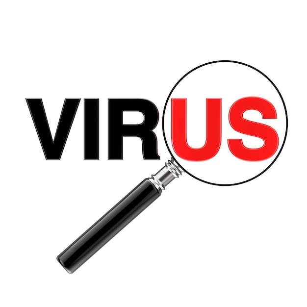 Magnifier Glass Focused on Red Us Sign in Virus Word on a white background. 3d Rendering