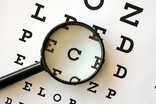 Magnifier glass focuses eye chart letters clearly and lies on eye test chart paper