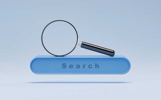 Magnifier glass on search engine bar for search engine\
optimisation or seo concept to find information by internet\
connection by 3d render illustration